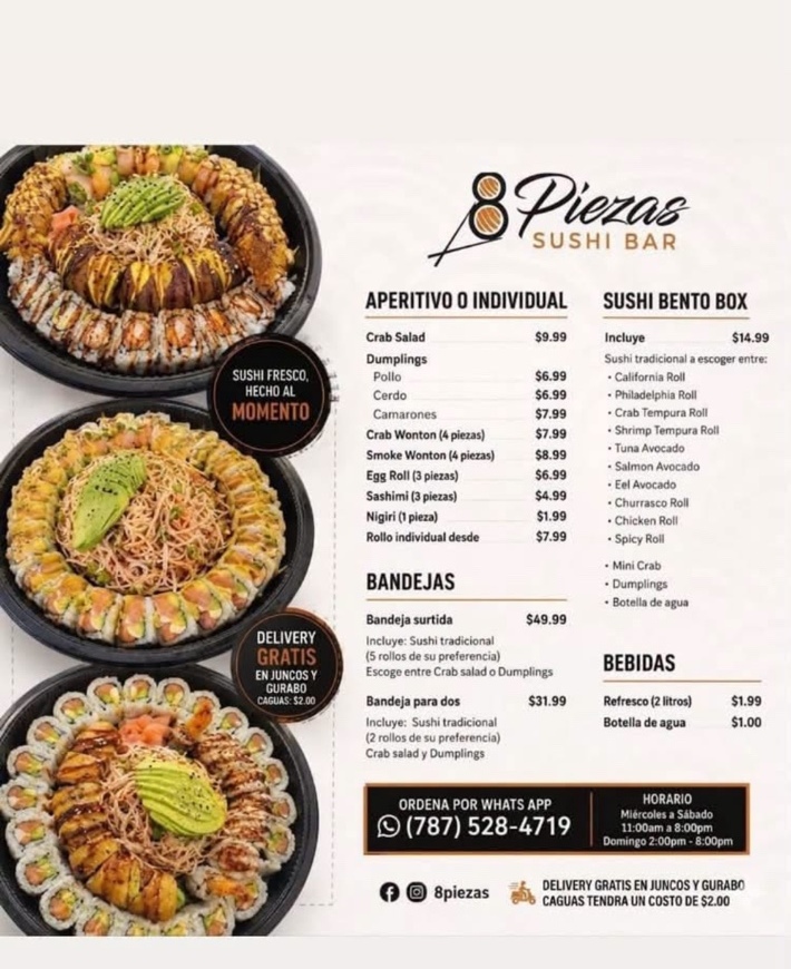 Flyer original de 8 Piezas Sushi Bar con menú, precios y horario